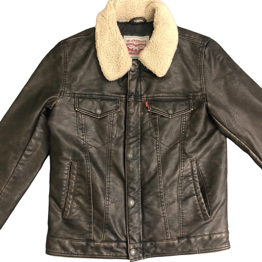 Men's Levi's Sherpa-Lined Faux-Leather Aviator Trucker Jacket Size S NWT - Picture 9 of 15